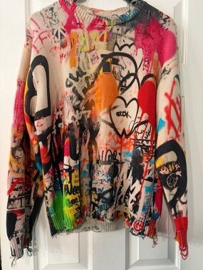 R13 Heart Graffiti Print Distressed Unisex Sweater Multi Colored Size Medium